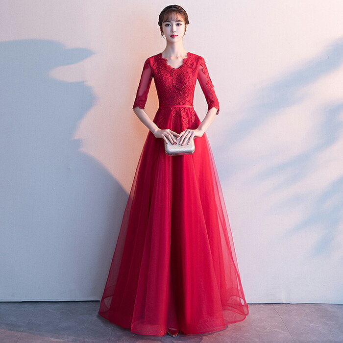 カラードレス パーティードレス 演奏会 発表会 イブニングドレス フォーマルドレス ファスナー コンサート Vネック レッド 袖あり カクテルドレス コンクール 
