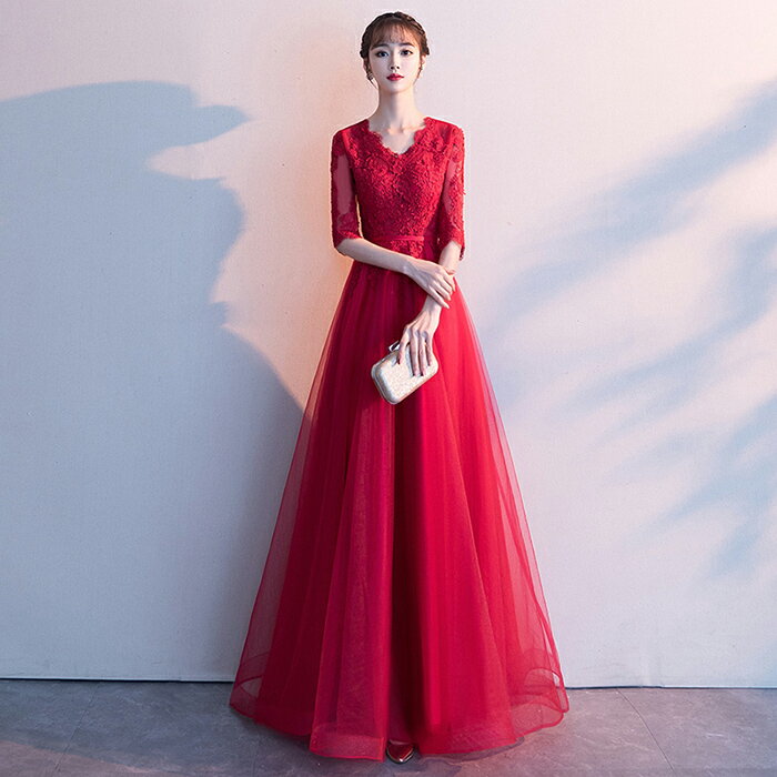 カラードレス パーティードレス 演奏会 発表会 イブニングドレス フォーマルドレス ファスナー コンサート Vネック レッド 袖あり カクテルドレス コンクール 