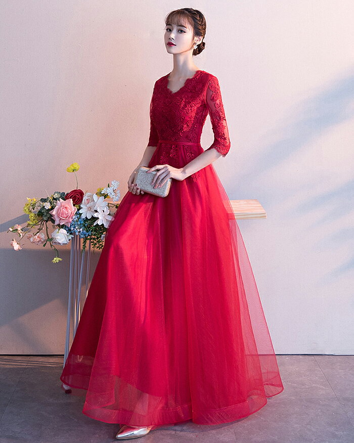 カラードレス パーティードレス 演奏会 発表会 イブニングドレス フォーマルドレス ファスナー コンサート Vネック レッド 袖あり カクテルドレス コンクール 