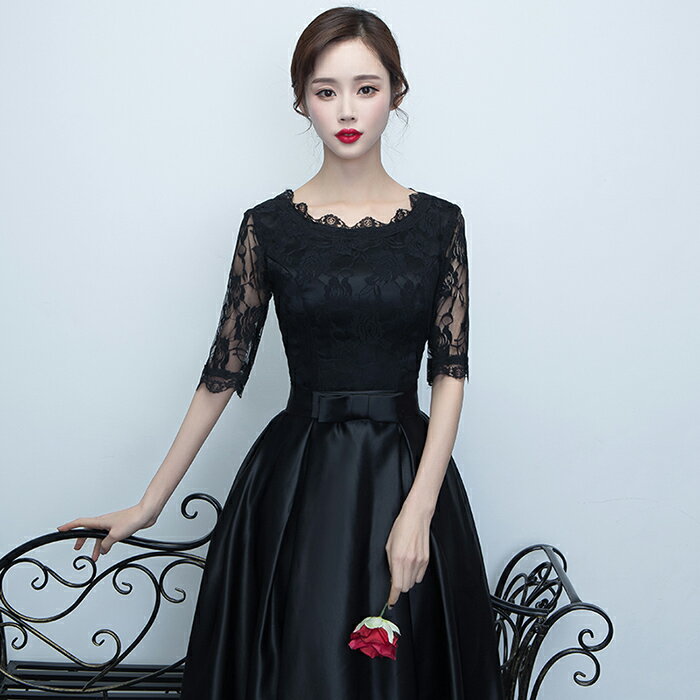 カラードレス パーティードレス 演奏会 発表会 イブニングドレス フォーマル 5分袖 コンクール カクテルドレス ブラック ファスナー ミモレ丈ドレス コンサート 