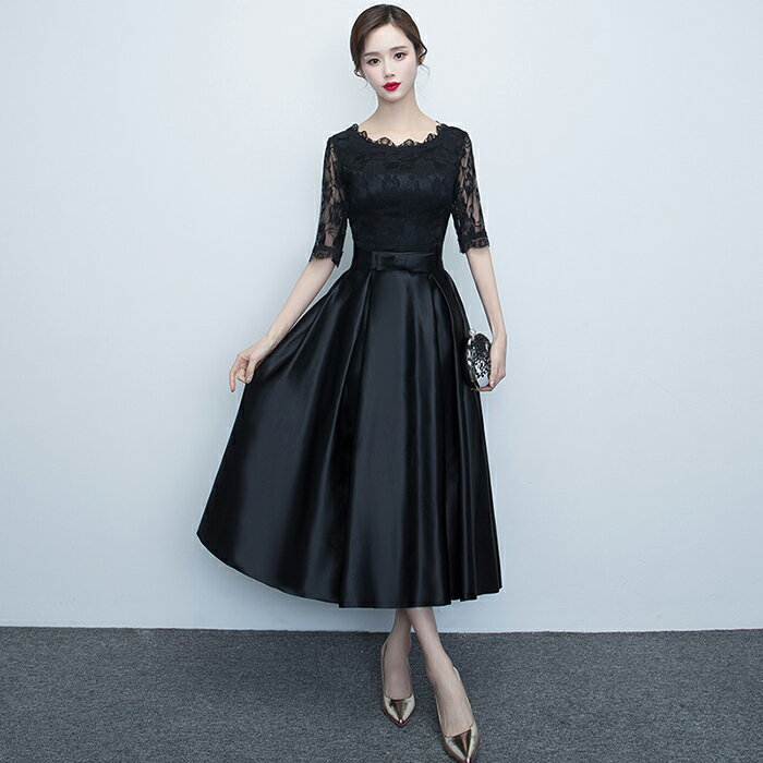 カラードレス パーティードレス 演奏会 発表会 イブニングドレス フォーマル 5分袖 コンクール カクテルドレス ブラック ファスナー ミモレ丈ドレス コンサート 