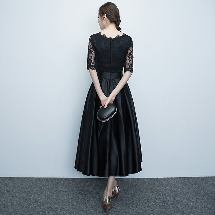 カラードレス パーティードレス 演奏会 発表会 イブニングドレス フォーマル 5分袖 コンクール カクテルドレス ブラック ファスナー ミモレ丈ドレス コンサート 