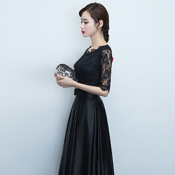 カラードレス パーティードレス 演奏会 発表会 イブニングドレス フォーマル 5分袖 コンクール カクテルドレス ブラック ファスナー ミモレ丈ドレス コンサート 