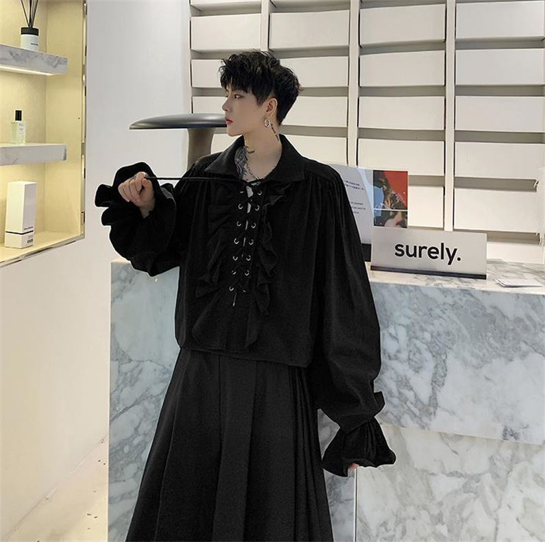 メンズ シャツ カジュアルシャツ 長袖 フ上着 無地 編み上げ 発表会 スタイリッシュ 公演 男子トップス フリル クラブ 春秋 白黒 ダンスウェア 