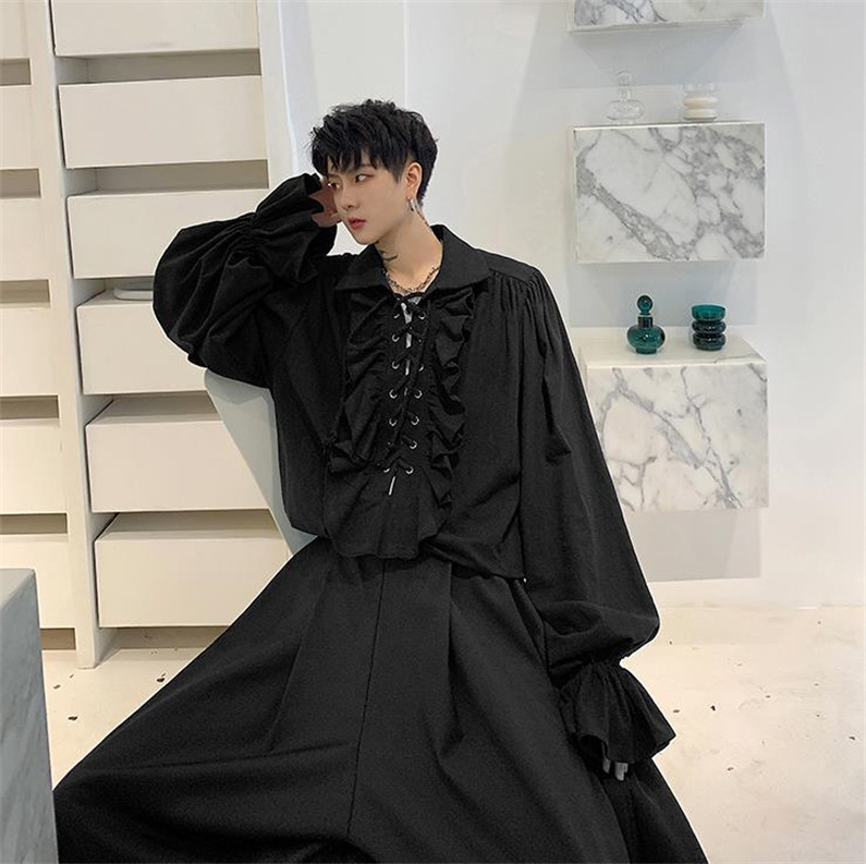メンズ シャツ カジュアルシャツ 長袖 フ上着 無地 編み上げ 発表会 スタイリッシュ 公演 男子トップス フリル クラブ 春秋 白黒 ダンスウェア 