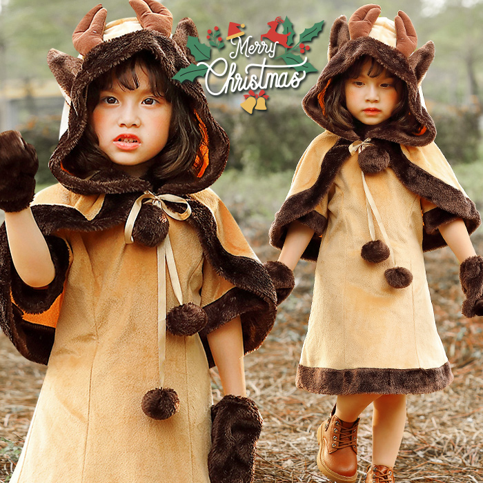 トナカイ プレ 女の子 子供 衣装 クリスマス 可愛い ワンピース トナカイプレ サンタ キッズ ポンチョ チューム 子ども用 トナカイ仮装 