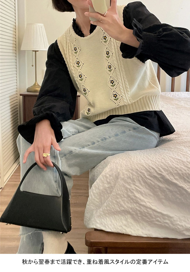 送料無料 ニットベスト 花柄 レディース ケーブル編み ニット レトロ クルーネック 重ね着 プルーオーバー 秋 ジレベスト ジレ 春花柄ベスト ベスト 