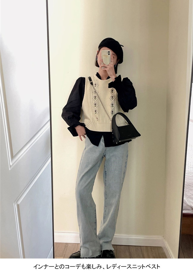 送料無料 ニットベスト 花柄 レディース ケーブル編み ニット レトロ クルーネック 重ね着 プルーオーバー 秋 ジレベスト ジレ 春花柄ベスト ベスト 