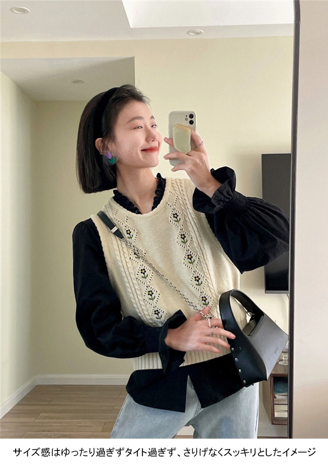 送料無料 ニットベスト 花柄 レディース ケーブル編み ニット レトロ クルーネック 重ね着 プルーオーバー 秋 ジレベスト ジレ 春花柄ベスト ベスト 