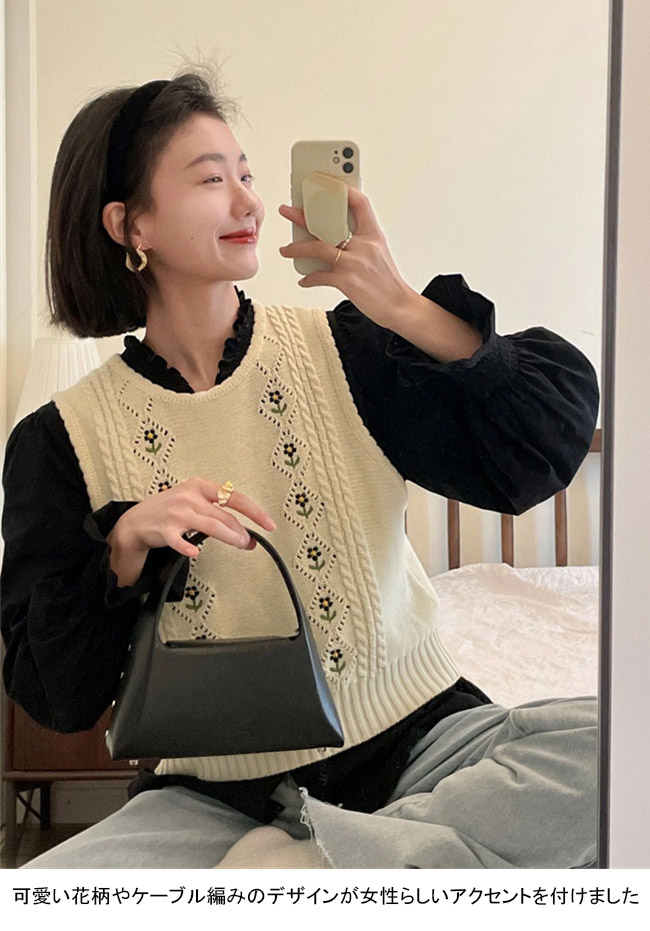 送料無料 ニットベスト 花柄 レディース ケーブル編み ニット レトロ クルーネック 重ね着 プルーオーバー 秋 ジレベスト ジレ 春花柄ベスト ベスト 