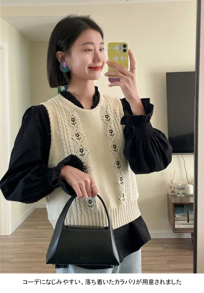 送料無料 ニットベスト 花柄 レディース ケーブル編み ニット レトロ クルーネック 重ね着 プルーオーバー 秋 ジレベスト ジレ 春花柄ベスト ベスト 