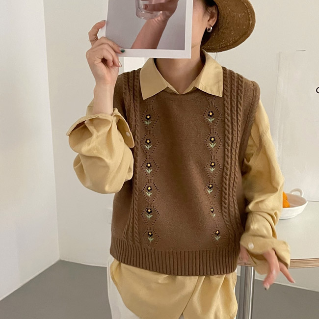 送料無料 ニットベスト 花柄 レディース ケーブル編み ニット レトロ クルーネック 重ね着 プルーオーバー 秋 ジレベスト ジレ 春花柄ベスト ベスト 