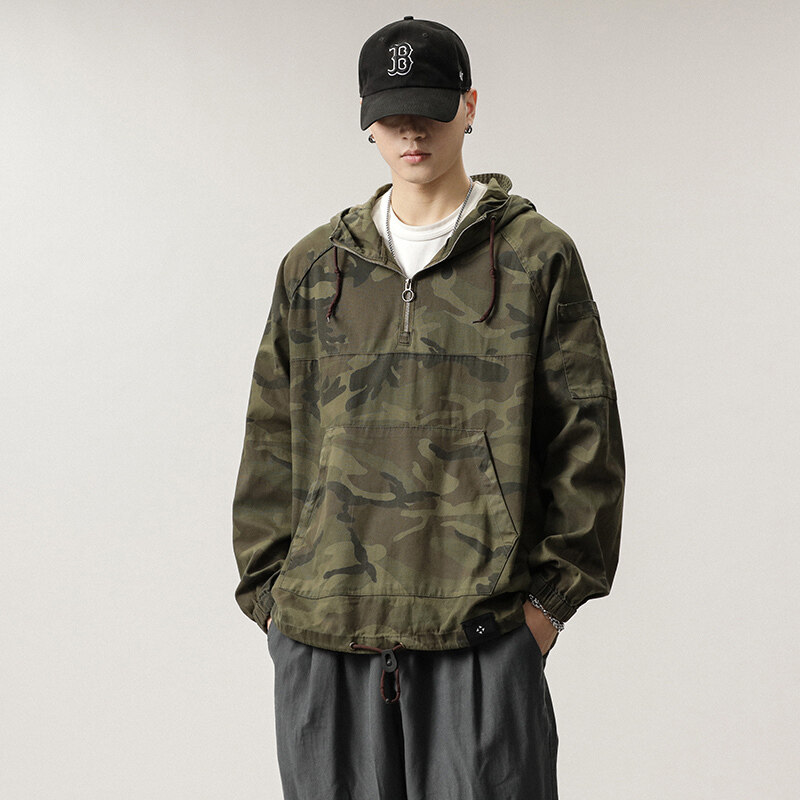 ミリタリージャケット メンズ カモフラージュ 迷彩柄 ハーフジップ フード付き メンズ ゆったり プルオーバーかっこいい ジャケット アメカジスタイル 