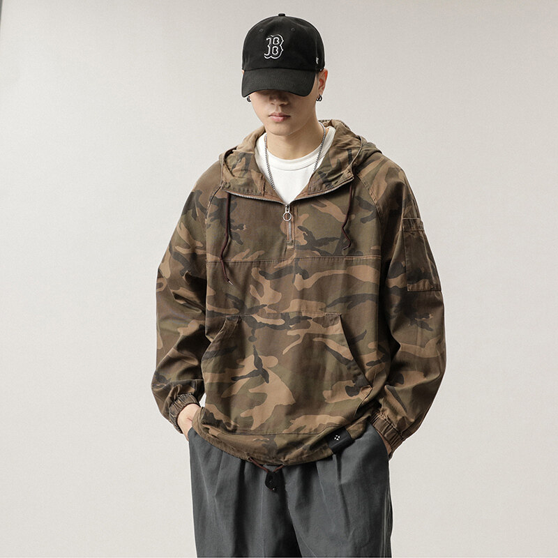 ミリタリージャケット メンズ カモフラージュ 迷彩柄 ハーフジップ フード付き メンズ ゆったり プルオーバーかっこいい ジャケット アメカジスタイル 