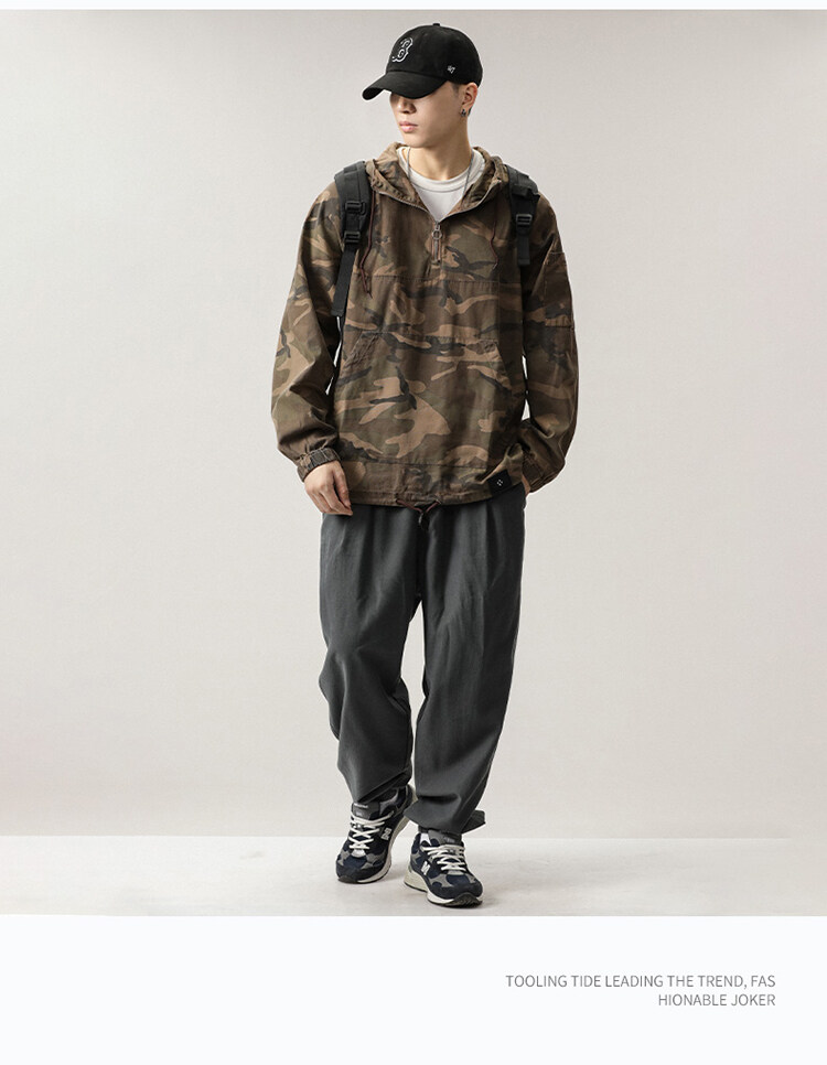 ミリタリージャケット メンズ カモフラージュ 迷彩柄 ハーフジップ フード付き メンズ ゆったり プルオーバーかっこいい ジャケット アメカジスタイル 