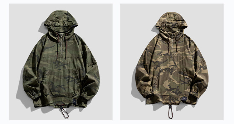 ミリタリージャケット メンズ カモフラージュ 迷彩柄 ハーフジップ フード付き メンズ ゆったり プルオーバーかっこいい ジャケット アメカジスタイル 