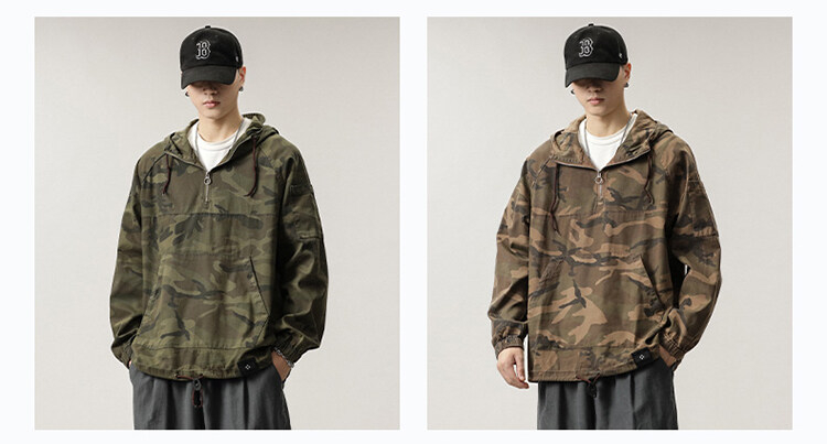 ミリタリージャケット メンズ カモフラージュ 迷彩柄 ハーフジップ フード付き メンズ ゆったり プルオーバーかっこいい ジャケット アメカジスタイル 