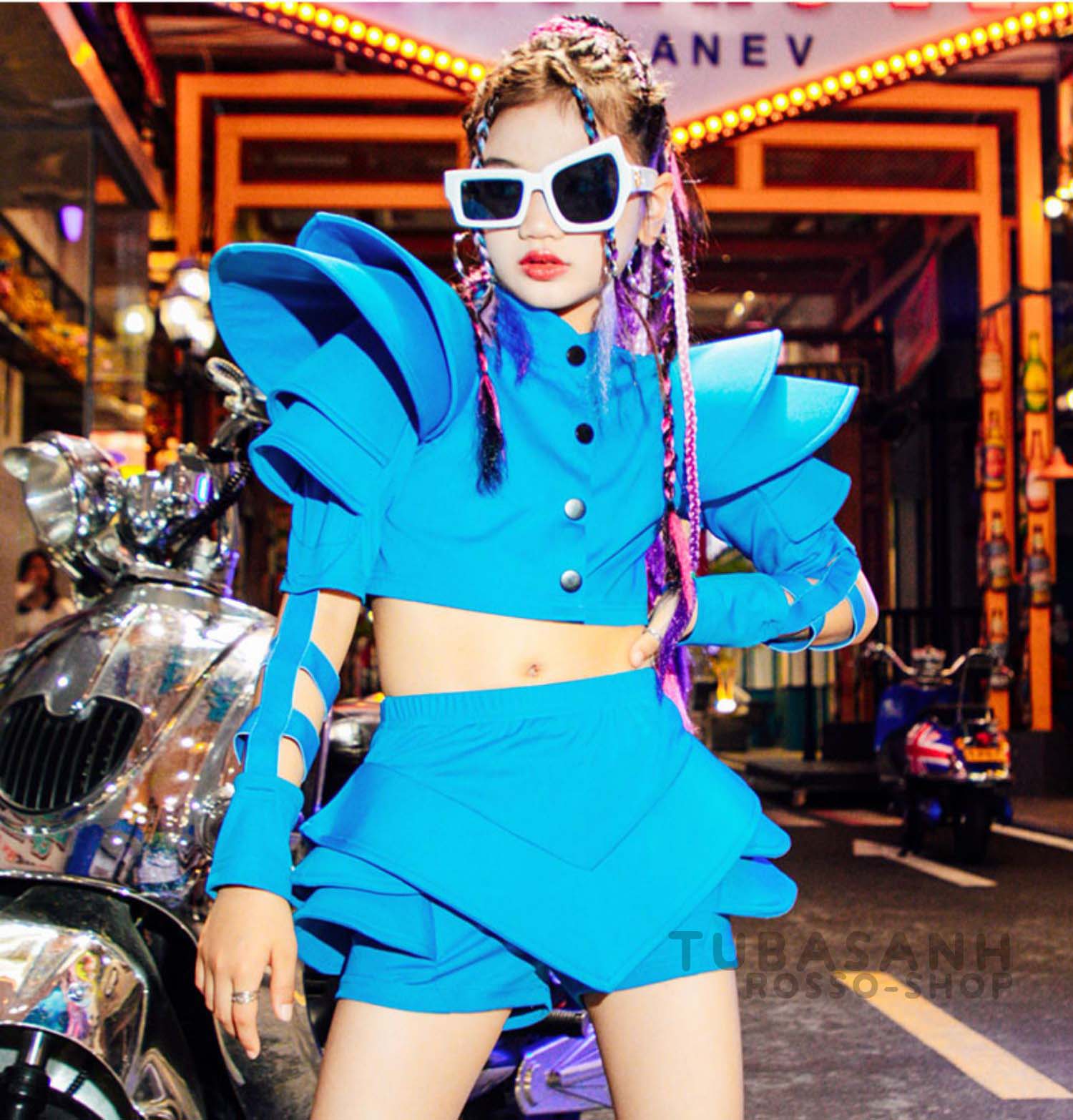 ダンス衣装 キッズ ヒップホップ ブルー セットアップ ガールズ ステージ衣装 チア ジャズダンス 練習着 韓国 チアガール 応援団 