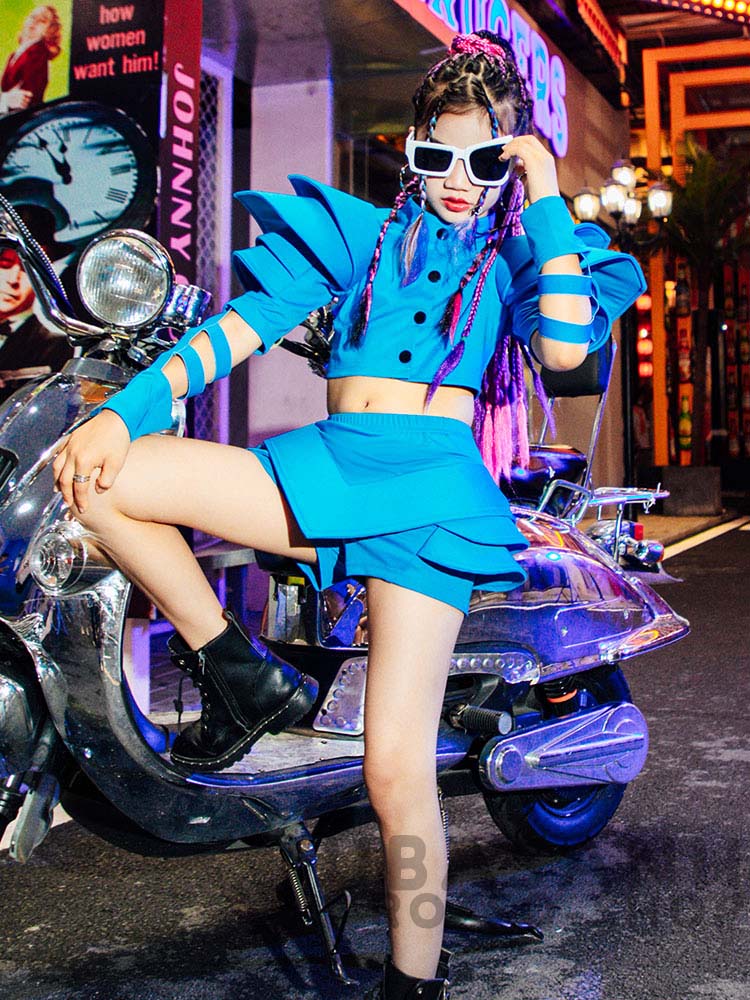ダンス衣装 キッズ ヒップホップ ブルー セットアップ ガールズ ステージ衣装 チア ジャズダンス 練習着 韓国 チアガール 応援団 