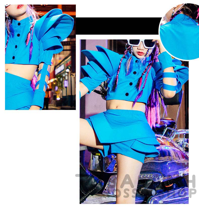 ダンス衣装 キッズ ヒップホップ ブルー セットアップ ガールズ ステージ衣装 チア ジャズダンス 練習着 韓国 チアガール 応援団 