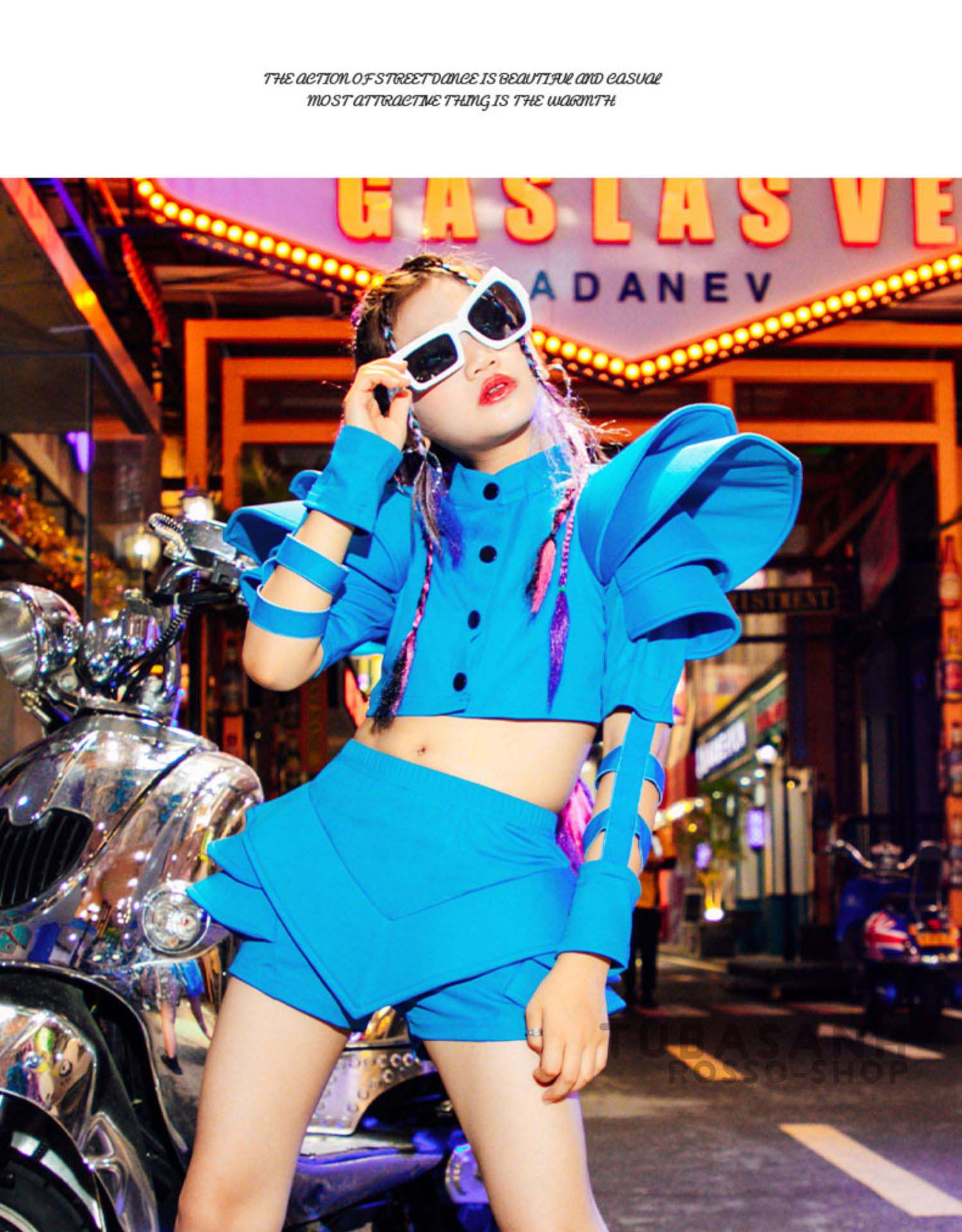 ダンス衣装 キッズ ヒップホップ ブルー セットアップ ガールズ ステージ衣装 チア ジャズダンス 練習着 韓国 チアガール 応援団 