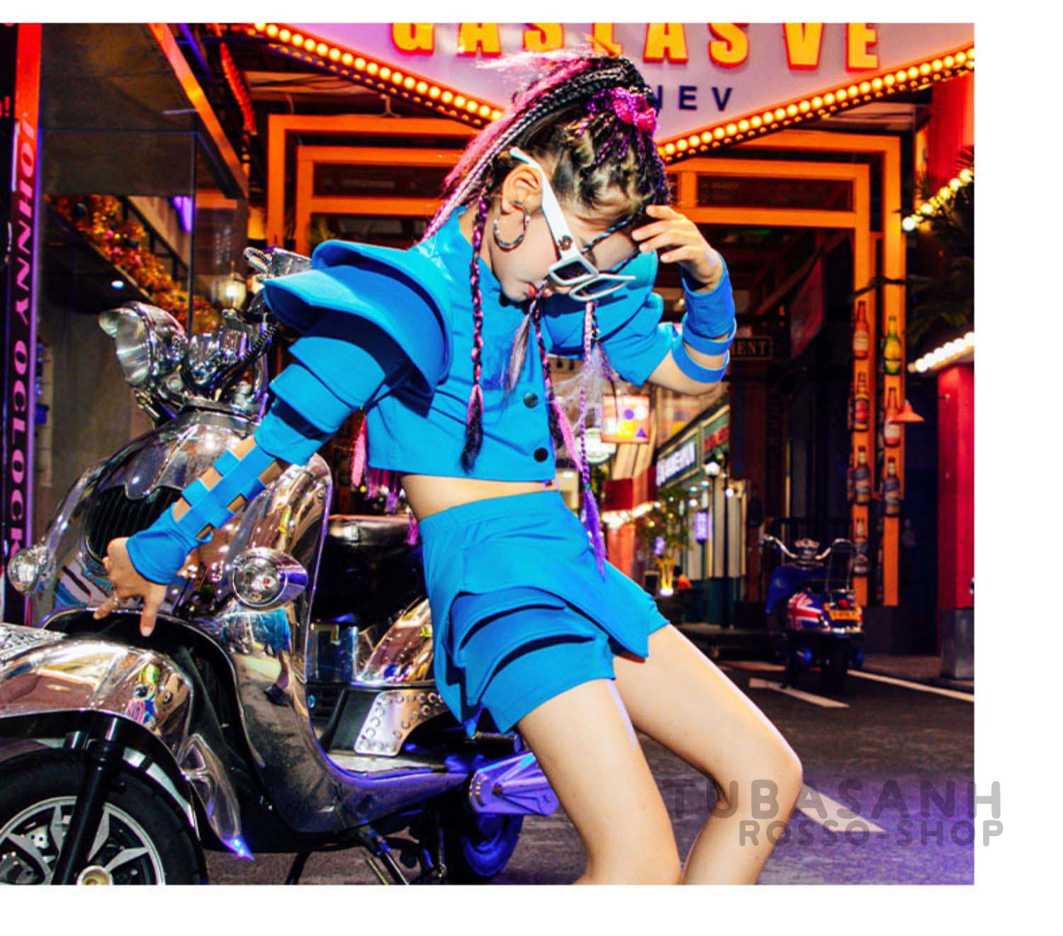 ダンス衣装 キッズ ヒップホップ ブルー セットアップ ガールズ ステージ衣装 チア ジャズダンス 練習着 韓国 チアガール 応援団 