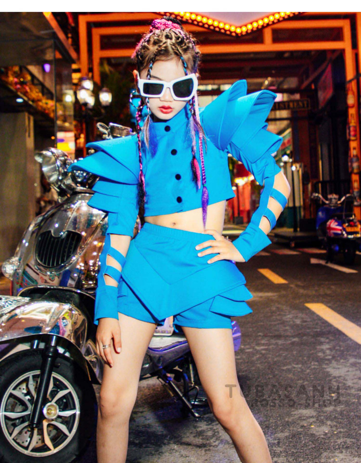 ダンス衣装 キッズ ヒップホップ ブルー セットアップ ガールズ ステージ衣装 チア ジャズダンス 練習着 韓国 チアガール 応援団 