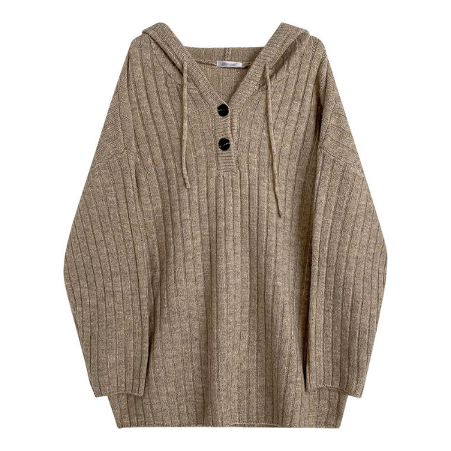 送料無料 ニットレディース ニット 厚手 プルーオーバー トップス ニットセーター オーバーサイズ プル 体型カバー フード付き 