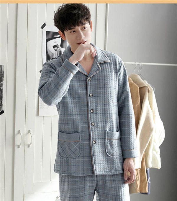 メンズ パジャマ キルトパジャマ 中綿 前開き ルームウェア 寝間着 長袖長ズボン 上下セット 襟付き 部屋着 保温 秋冬 セットアップ チェック柄 