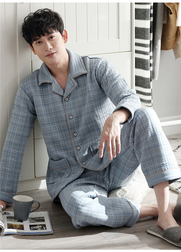 メンズ パジャマ キルトパジャマ 中綿 前開き ルームウェア 寝間着 長袖長ズボン 上下セット 襟付き 部屋着 保温 秋冬 セットアップ チェック柄 