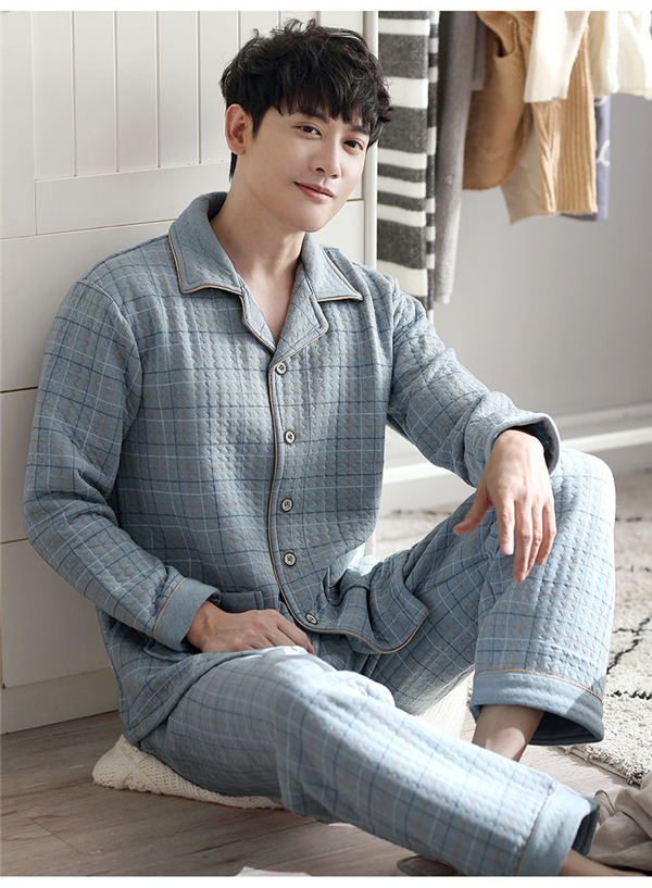 メンズ パジャマ キルトパジャマ 中綿 前開き ルームウェア 寝間着 長袖長ズボン 上下セット 襟付き 部屋着 保温 秋冬 セットアップ チェック柄 