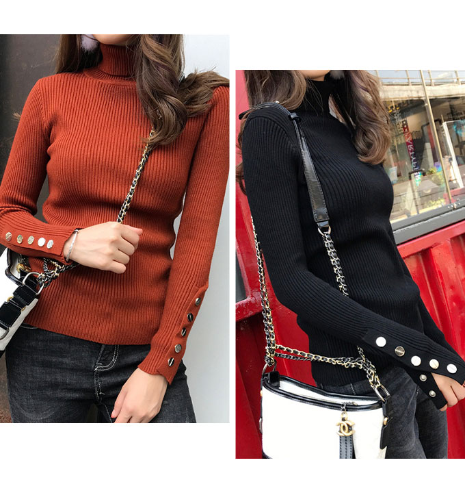 袖ボタン ニット ハイネック 長袖 。送料無料 ホワイト グリーン ブラック ブルー ピンク アイボベージュ テラコッタ 