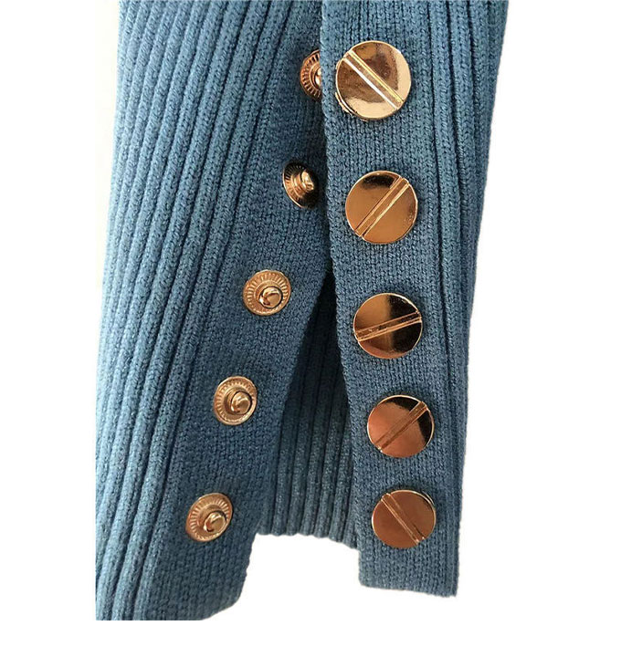 袖ボタン ニット ハイネック 長袖 。送料無料 ホワイト グリーン ブラック ブルー ピンク アイボベージュ テラコッタ 