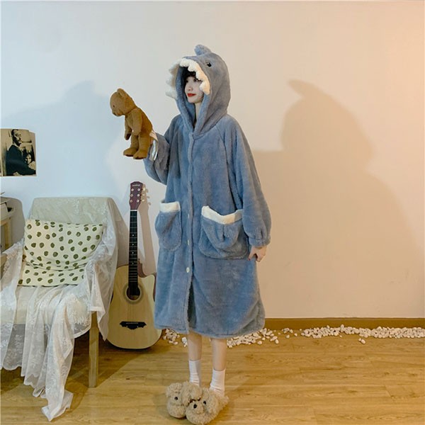 レディース サメ柄 もこもこパジャマ ナイトガウン 冬 かわいい 部屋着 フード付き 結婚祝い ルームウェア 前開き 長袖 プレゼント おうち時間 