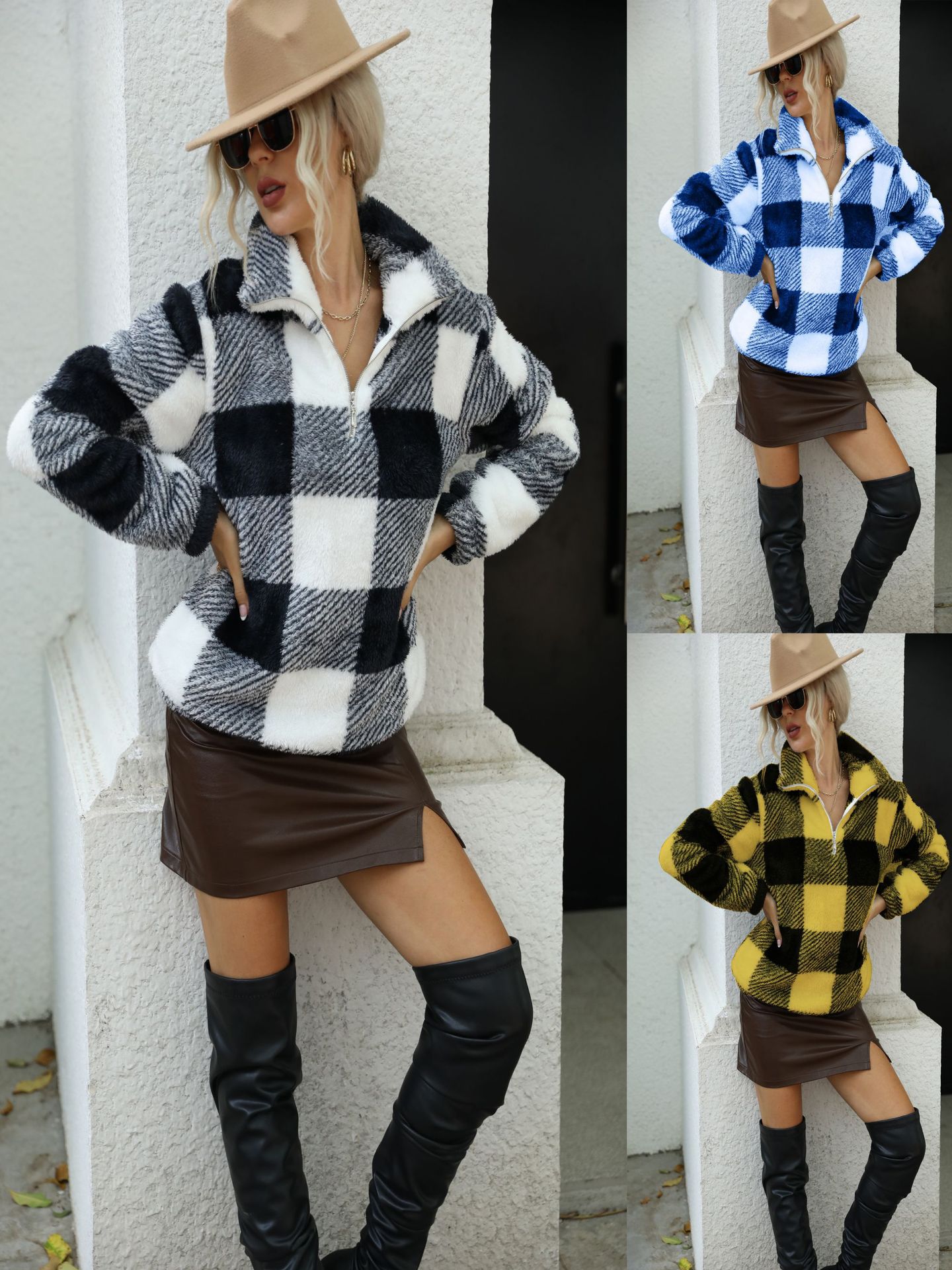 女性 バッファローチェック柄プリント ジッパーアップ 服 トップス アウター 長袖 冬 ファッション レディース 秋 