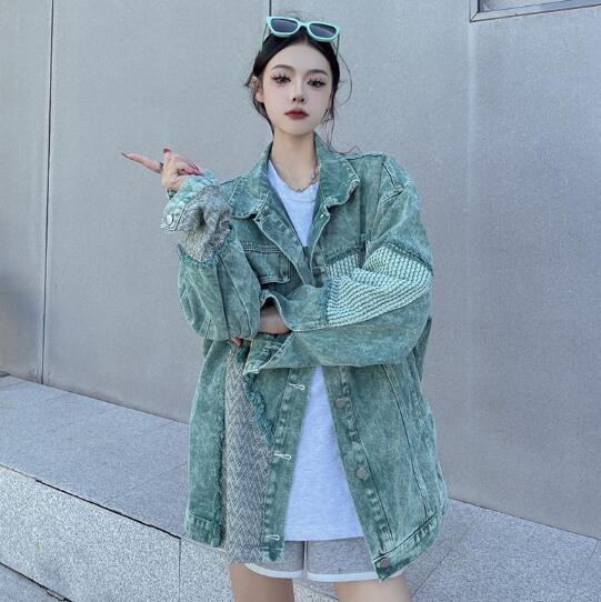 ケミカルウォッシュ 切替 異素材 デニム ジャケット ジージャン 韓国 レディース ダンス衣装 ストリート HIPHOP 原宿系 Y2K 