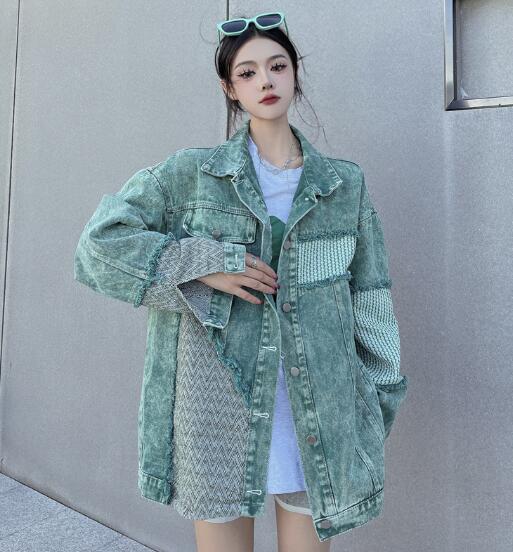 ケミカルウォッシュ 切替 異素材 デニム ジャケット ジージャン 韓国 レディース ダンス衣装 ストリート HIPHOP 原宿系 Y2K 