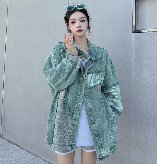 ケミカルウォッシュ 切替 異素材 デニム ジャケット ジージャン 韓国 レディース ダンス衣装 ストリート HIPHOP 原宿系 Y2K 