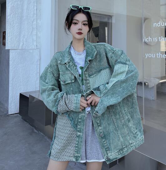 ケミカルウォッシュ 切替 異素材 デニム ジャケット ジージャン 韓国 レディース ダンス衣装 ストリート HIPHOP 原宿系 Y2K 