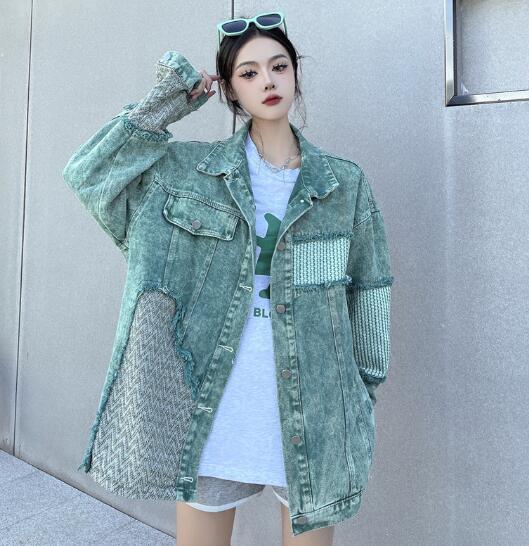 ケミカルウォッシュ 切替 異素材 デニム ジャケット ジージャン 韓国 レディース ダンス衣装 ストリート HIPHOP 原宿系 Y2K 