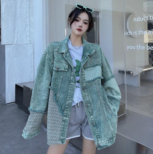 ケミカルウォッシュ 切替 異素材 デニム ジャケット ジージャン 韓国 レディース ダンス衣装 ストリート HIPHOP 原宿系 Y2K 