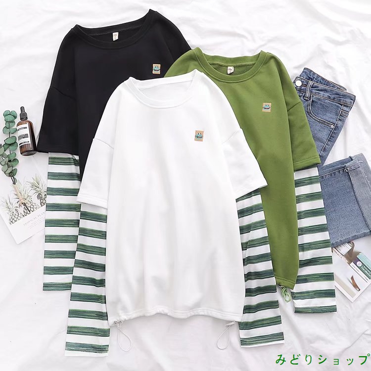Tシャツ カットソー ボーダー レイヤード 重ねる風 長袖 レディース 森ガール 