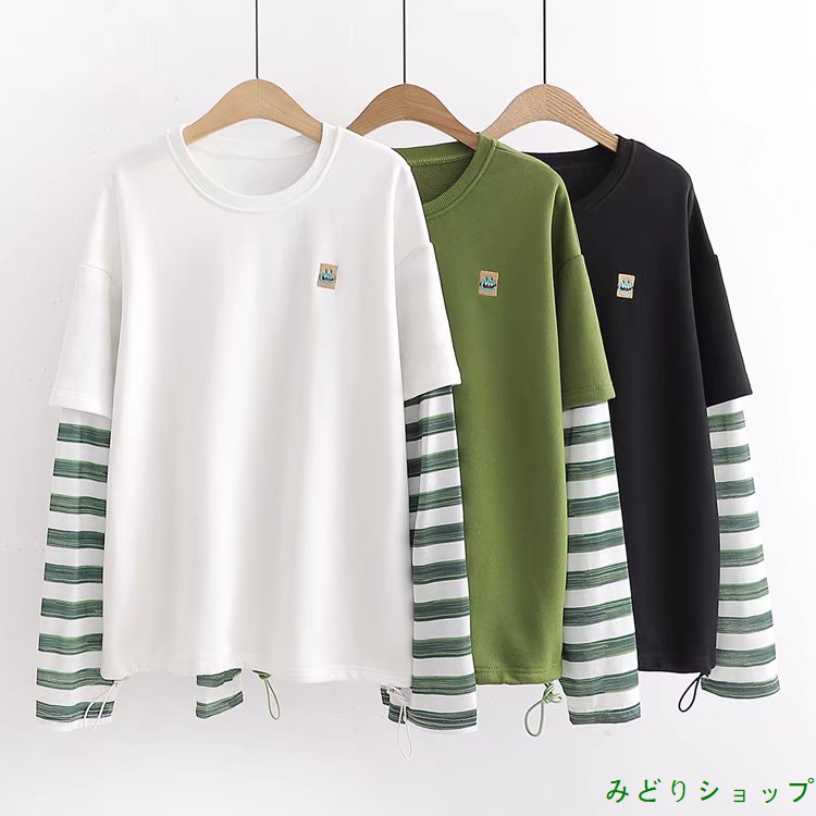 Tシャツ カットソー ボーダー レイヤード 重ねる風 長袖 レディース 森ガール 