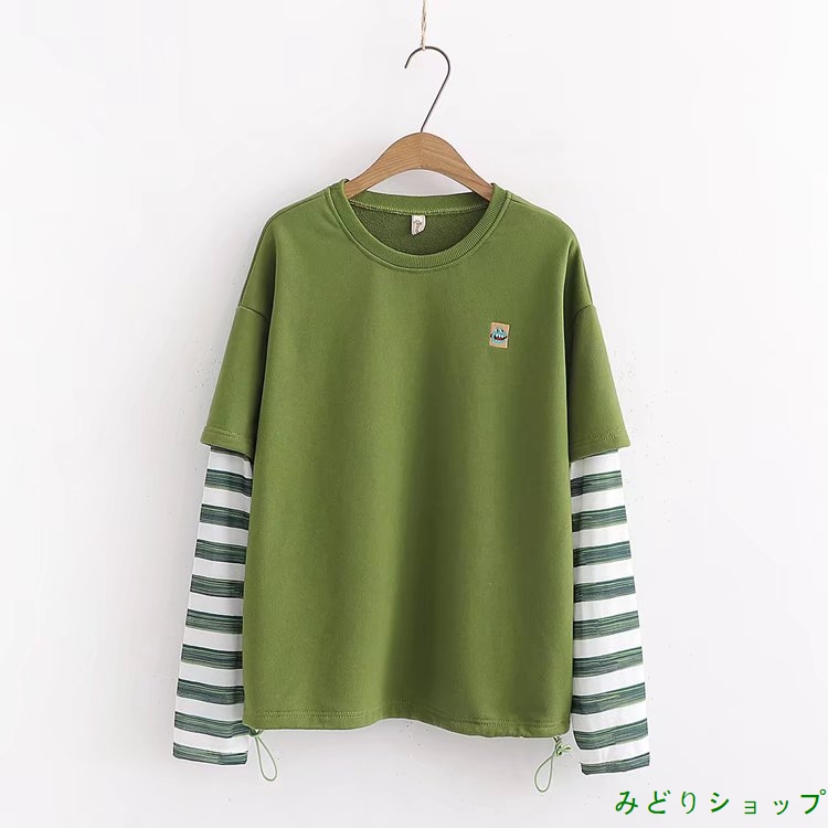 Tシャツ カットソー ボーダー レイヤード 重ねる風 長袖 レディース 森ガール 
