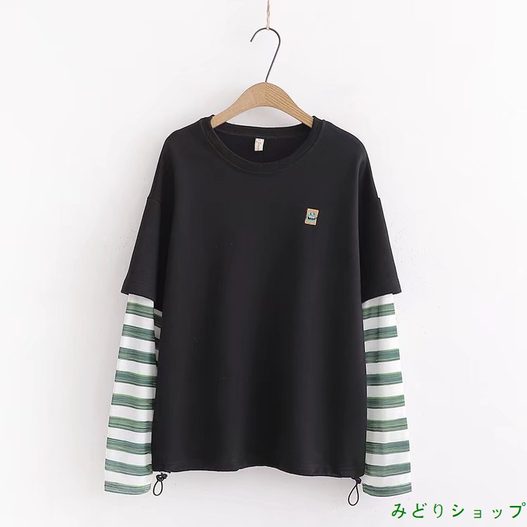 Tシャツ カットソー ボーダー レイヤード 重ねる風 長袖 レディース 森ガール 
