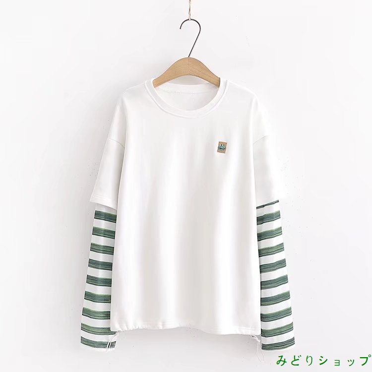 Tシャツ カットソー ボーダー レイヤード 重ねる風 長袖 レディース 森ガール 