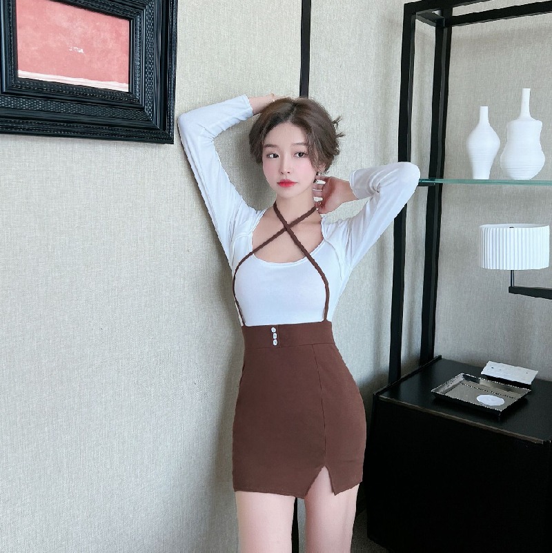 タイトワンピース レディース 長袖 裾スリットUネック 胸元 フェイクレイヤードデザイン フィット きれいめ タイト セクシー スリム ボディコン ストレッチ 