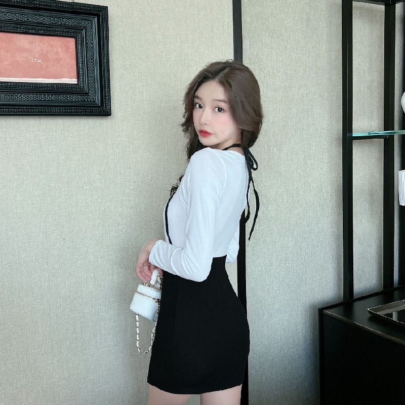 タイトワンピース レディース 長袖 裾スリットUネック 胸元 フェイクレイヤードデザイン フィット きれいめ タイト セクシー スリム ボディコン ストレッチ 