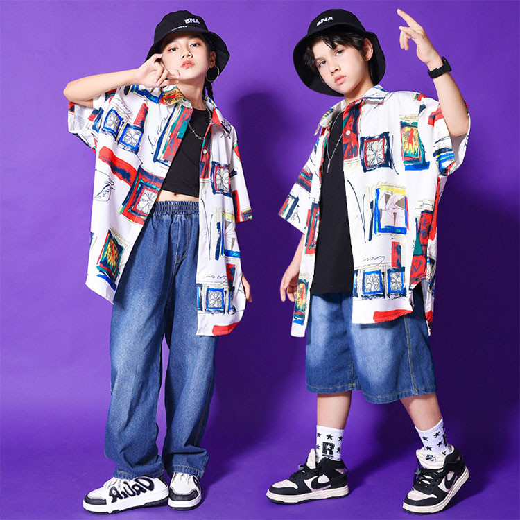 キッズダンス衣装 シャツ デニムパンツ 男の子 女の子 子供服 おしゃれ ゆるシャツ 衣装 ロングパンツ ダンス キッズダンス 韓国 ヒップホップ 衣装 キッズ 