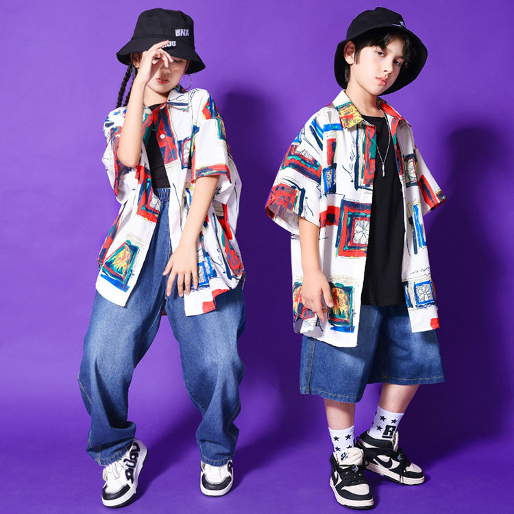 キッズダンス衣装 シャツ デニムパンツ 男の子 女の子 子供服 おしゃれ ゆるシャツ 衣装 ロングパンツ ダンス キッズダンス 韓国 ヒップホップ 衣装 キッズ 